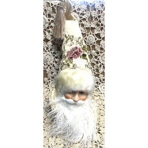 Victorian Style Santa Head Floral Embroidered Velvet Hat Ornament 14”